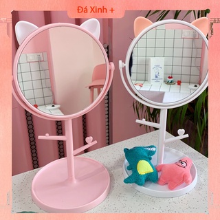 Gương Trang Điểm Để Bàn Có Móc Treo Trang Sức Mèo Siêu Cute