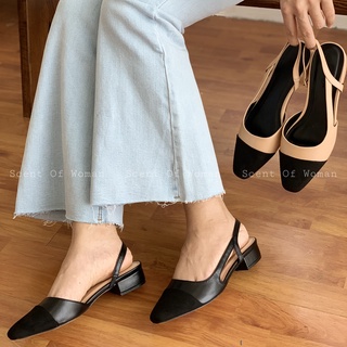 Giày nữ thấp gót dáng slingback thanh lịch mũi tròn gót vuông cao 2cm