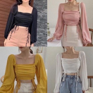 Áo croptop cổ vuông tay dài phồng phối dây rút_áo kiểu