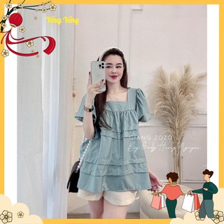 ANU285 - ÁO XANH MINT CỔ VUÔNG XẾP LI NGANG
