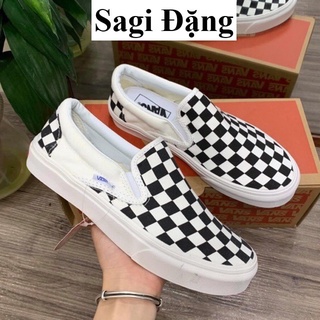 Giày lười van caro thể thao slip on kẻ sọc, giày mọi vải canvas nam nữ full box