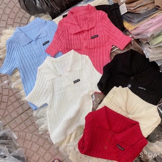 Áo len cổ bẻ sọc đũa ngắn tay khuy ngực, Áo kiểu len dáng ôm bo chun AS7112 - NhiNhi Shop