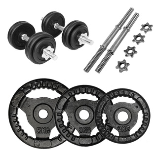 Bộ 2 tạ tay 21,7kg (4 miếng 5kg, 4 miếng 3kg, 4 miếng 2kg, 2 đòn 35cm), tạ gang lỗ phi 30, đòn tạ sắt xi phi 27