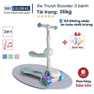 Xe trượt Scooter 2 trong 1 kết hợp chòi chân chính hãng BBT Global SK 1306N, có đèn và nhạc, 3 bánh an toàn