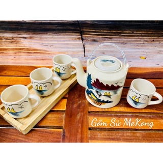 Bộ ấm trà quê hương  hoài cổ, gốm sứ cao cấp hoạ tiết gốm sứ kiểu xưa Nam Bộ