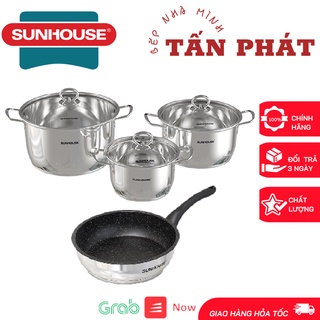 Bộ 3 Nồi 1 Chảo INOX 5 Đáy SUNHOUSE (tặng 1 gói khăn ướt sky)