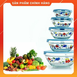 [HÀNG SIÊU TỐT] Bộ 5 bát thủy tinh hoa văn có nắp đậy