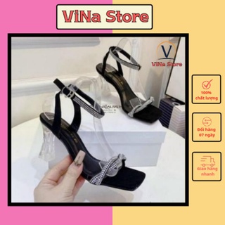Giày Sandal Cao Gót 7P Trong Suốt Quai Chéo Đính Đá có 3 màu Vàng/ Bạc/ Đen cao cấp hottrend 2021- mã AB01