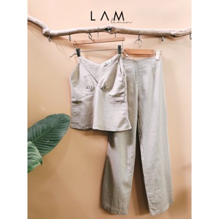 Set áo dây + quần dài vải linen- màu beige