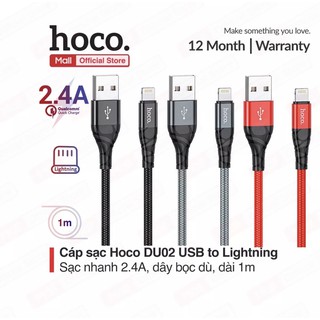 Cáp sạc Hoco DU02 USB to Lightning sạc nhanh 2.4A, dây bền dù chống đứt, dài 100cm