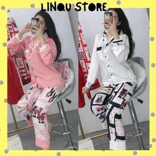 Đồ Bộ Nữ, Đồ Bộ Pijama Dài Tay In Lá Bài Chất Satin Siêu Xinh Freesize - Linqu Sleepwear