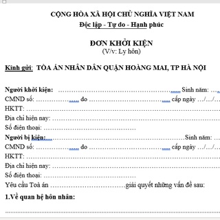Mẫu đơn ly hôn đơn phương tòa án quận Hoàng Mai + bản hướng dẫn đơn ly hôn và hồ sơ ly hôn