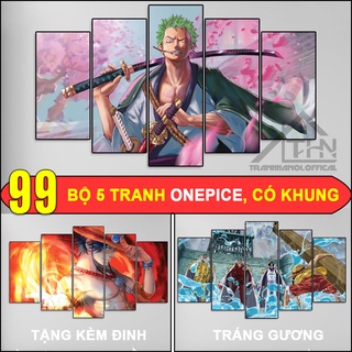 Bộ 5 bức tranh Onepice tráng gương tặng kèm đinh treo tường phòng khách/ phòng ngủ/ phòng game/ quà tặng tân gia