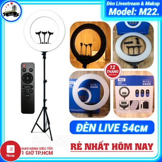 Đèn livestream 54cm M22  3 kẹp điện thoại kèm remote, túi đựng, chân cao 2m1 - 3 chế độ sáng Có cổng USB sạc điện