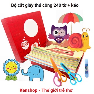 Đồ chơi Bộ cắt giấy thủ công 96 tờ và kéo màu xanh lá KB2160471 Luyện cho bé sự khéo tay và sáng tạo