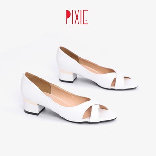 Giày Cao Gót 3cm Hở Mũi Đế Vuông Quai Chéo Màu Trắng Pixie P204