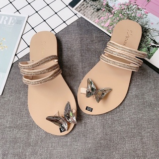 Dép lê xỏ ngón bướm trắng 3 quai ngang đính đá đi biển đẹp lấp lánh