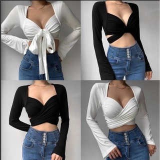 Áo croptop tay dài dây quấn eo hoặc cột nơ trước ngực chất thun Gân dày dặn có mút ngực ( Size 40-55kg )