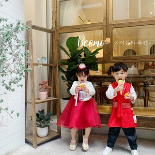 ÁO DÀI HANBOK CÁCH TÂN CHO BÉ TRAI - GÁI BEEMO, Chất liệu gấm Hàn phối chân váy tơ ( nữ ) hoặc quần tơ óng ( nam ) B041