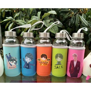 Bình nước jack j97 thuỷ tinh có dây xách BNVI32 chai nước hoạt hình bọc vải cute dễ thương 350ml