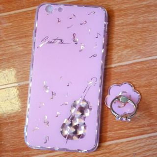 Ốp lưng iPhone 6 Plus / 6s Plus viền dẻo ốp hồng hình vàng cây đàn guitar kèm nhẫn đính đá cao cấp