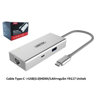 CÁP MỞ RỘNG UNITEK Y9117 TỪ TYPE C RA USB 3.0 + HDMI + LAN 10/100/1000 CÓ NGUỒN PHỤ HỔ TRỢ