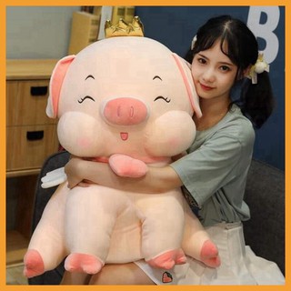 Heo gấu bông to dễ thương cute giá rẻ lợn đội vương miện đeo chuông tim size 55cm 75cm