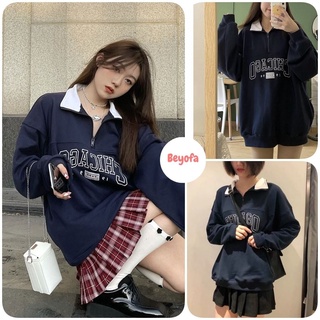 Áo sweater nỉ chữ Chicago 1994 form rộng cổ bẻ khóa zip dài tay phong cách Hàn Quốc Ulzzang