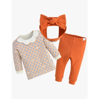 [80,90] Bộ ngủ cotton dày dài tay thu đông cổ hoa trắng nền móc xích nâu quần nâu cho bé không kèm nơ xuất Hàn dư xịn