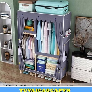 TỦ VẢI ĐỰNG QUẦN ÁO KHUNG GỖ 2 BUỒNG BỌC NHỰA CHỐNG ẨM MỐC TỦ 2 BUỒNG 4 NGĂN [GIÁ RẺ]