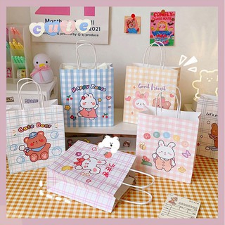Túi đựng quà giấy mềm họa tiết caro Mua Tất hình gấu thỏ ngộ nghĩnh (muatatshop)