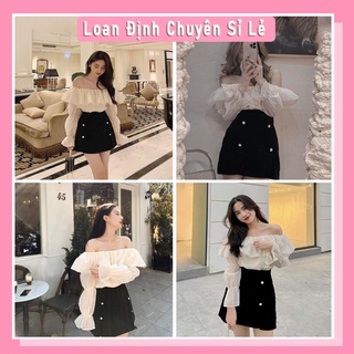Set áo tơ bèo trễ vai mix chân váy tuyết mưa ngắn chữ a đồ liền thân nữ