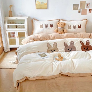 [Rẻ vô địch] Bộ chăn ga gối Cotton Gấu Và Thỏ, chăn ga Decor Hàn Quốc đủ size đệm miễn phí bo chun