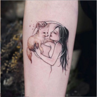 Hình xăm cô gái và cún cưng c08. Tatoo dán tạm thời size <10x6cm