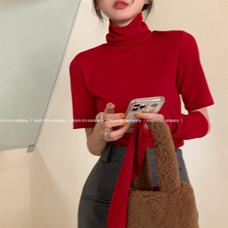 kumivn sẵn áo len cổ cao cộc tay phối tay dài màu đỏ và xanh
