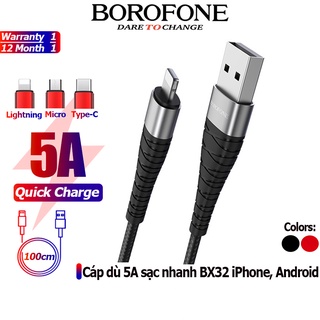 Dây cáp sạc nhanh BOROFONE BX32 bện dù dòng 5A chân Lightning, Micro, Type-C dây truyền tải dữ liệu dài 1m - Chính hãng