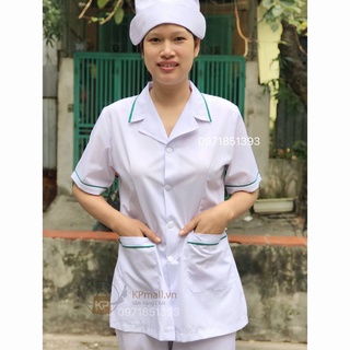 Bộ quần áo blouse trắng dáng ngắn viền Xanh Lá nam nữ cộc tay, dài tay cho dược sỹ, y tá, điều dưỡng, thẩm mỹ viện