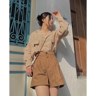 Set sơ mi nâu tây dài tay mix quần short đùi TH542