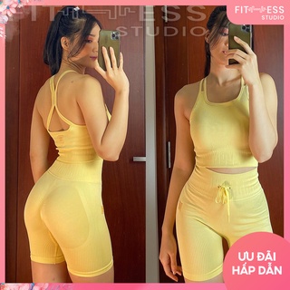 Set Botee Tập Gym Yoga Aerobic Nữ Fitness Studio S-14, Áo Chéo Lưng Có Mút Nâng Ngực, Quần Biker, Chất Thun Gân Co Giãn