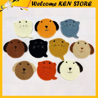Đế lót cốc miếng lót ly thấm nước hình mặt mèo, mặt chó dễ thương handmade từ vải len