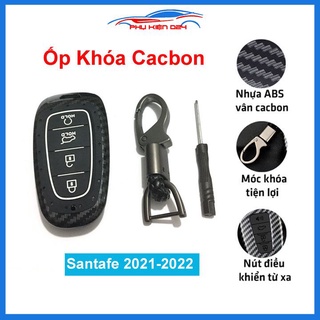 Ốp vỏ bọc chìa khóa xe Santafe 2021 sợi nhựa cacbon kèm móc treo inox