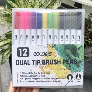 Set 12 bút brush, bút dạ nhiều màu 2 đầu dual tip brush pens trang trí sổ