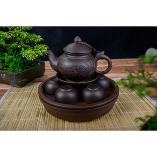 Ấm chén tử sa quai rồng khay thủng Bát Tràng