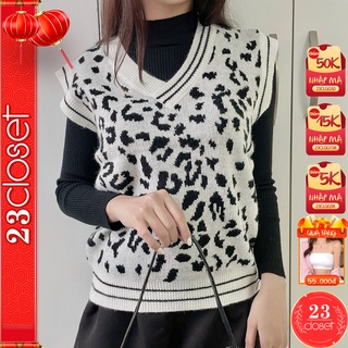 Áo gile len nữ họa tiết bò sữa cổ tim thu đông phong cách Hàn Quốc, ghi lê len 23 Closet-ALGL01