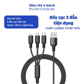 Dây sạc 3 đầu sử dụng cho mọi loại điện thoại, dây sạc iphone samsung oppo xiaomi dài 1,2m