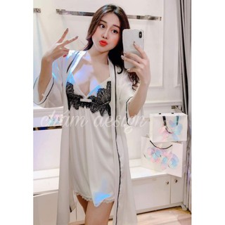 sét váy ngủ trắng kèm choàng kết hợp ren đen