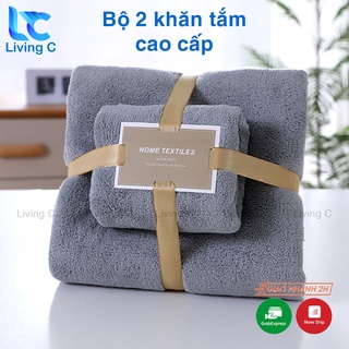Bộ 2 khăn tắm lớn cao cấp Living C, khăn tắm lông cừu 70x140 và 35x75 lông mềm thấm hút tốt không rụng lông _CKT