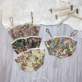 Áo 2 dây nữ dáng CRT ôm body phối đan dây trước ngực họa tiết hoa thổ cẩm vintage
