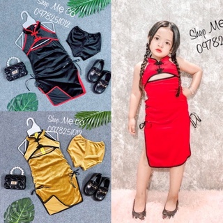 Sường Xám nhung Hoa lá Cho Bé Gái Thời Trang Có Dây Kéo Phía Sau