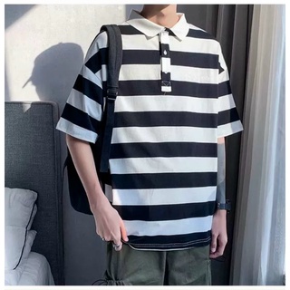 Áo POLO nam nữ tay lỡ sọc ngang trắng đen, Áo thun polo unisex form rộng